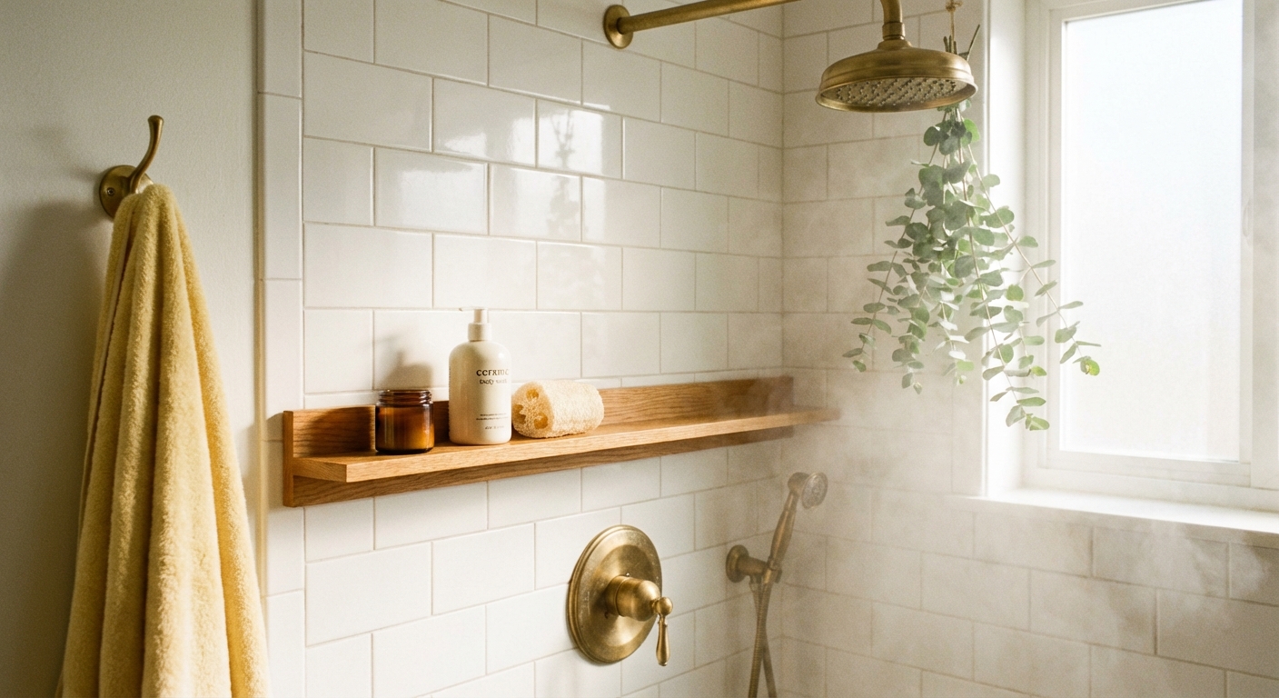 Clean bathroom shower area with body wash and bathing essentials on wooden shelf with brass fixtures