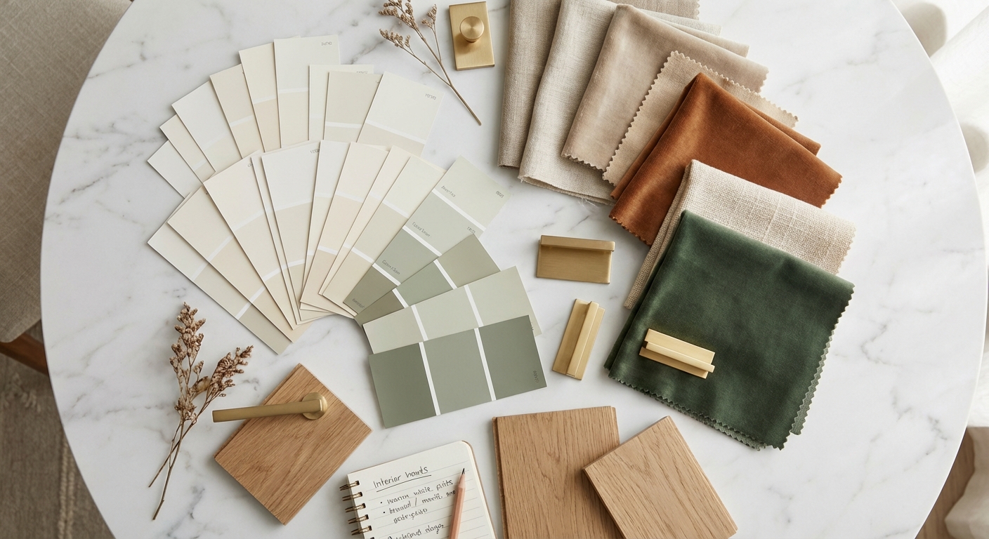 Color palette planning flat lay with paint swatches, fabric samples, and material finishes for whole-house decorating