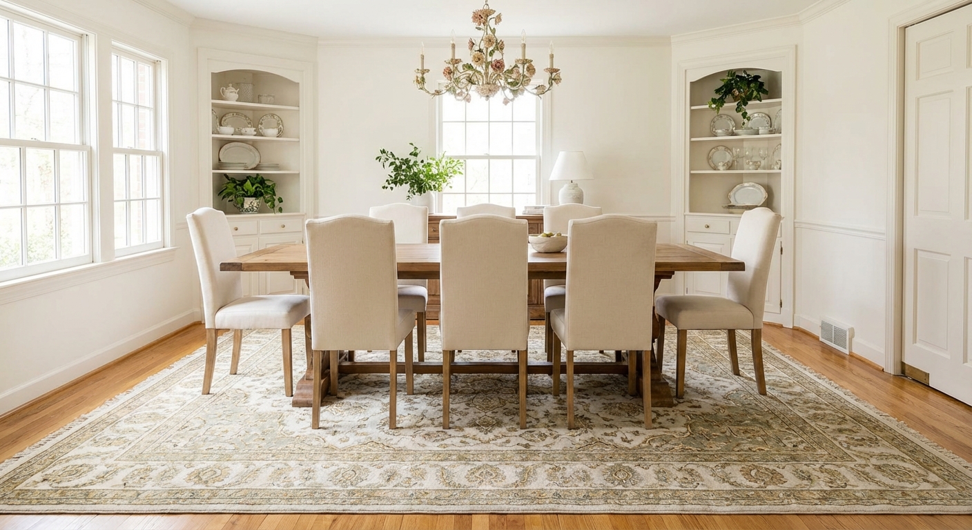A dining room with an area rug that extends beyond the chairs when pulled out