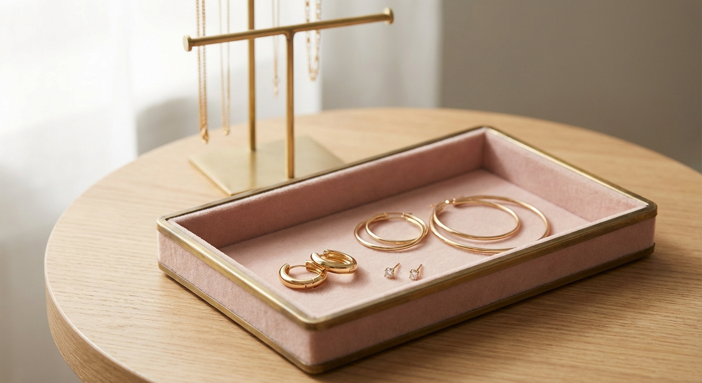 Gold huggie hoops and diamond stud earrings displayed on a blush pink velvet jewelry tray