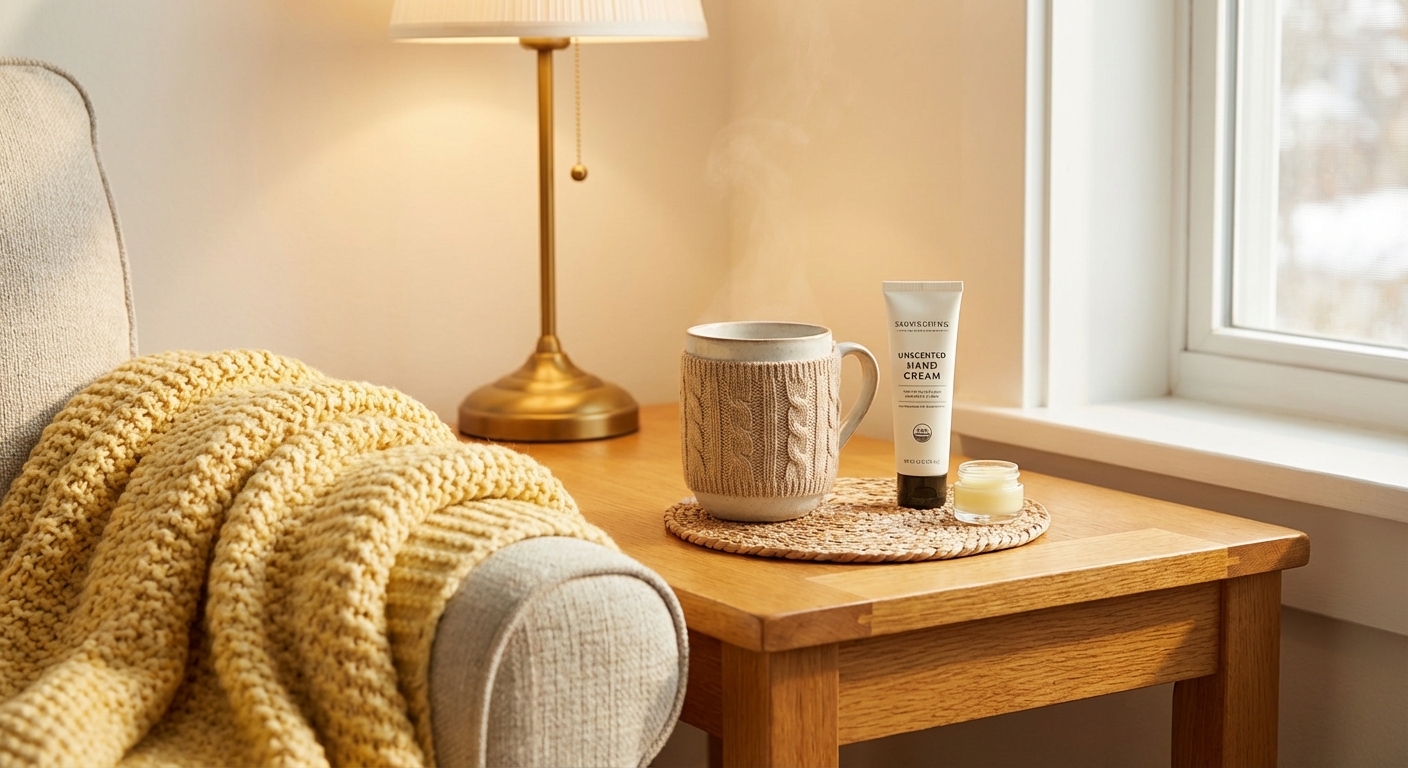 Hand cream and lip balm on a cozy nightstand with warm lighting and soft yellow throw blanket