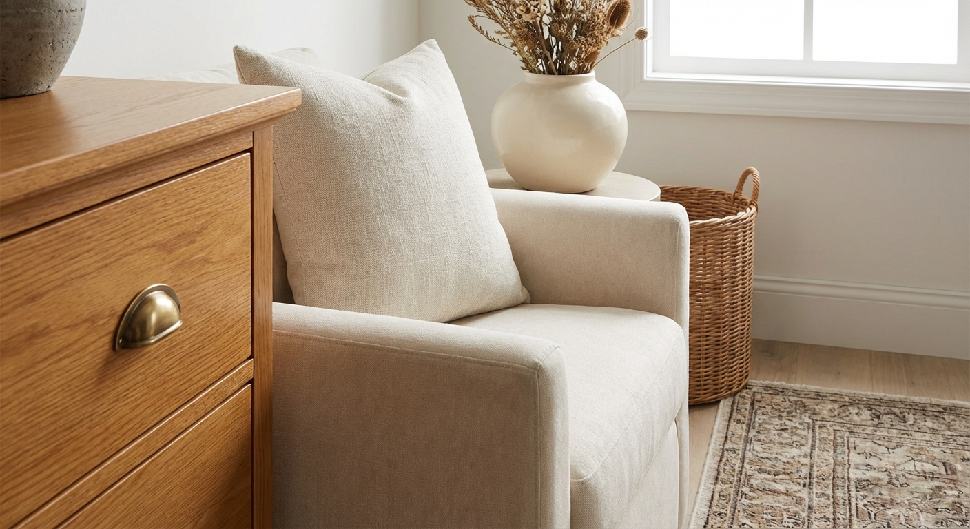 Close-up of coordinating home materials including wood tones, brass hardware, and natural textiles