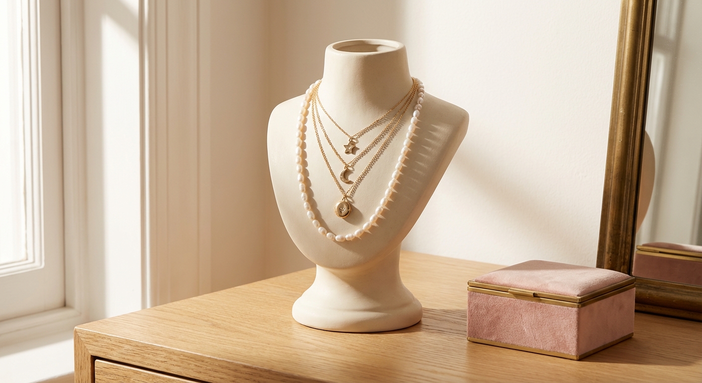 Layered gold necklaces displayed on a cream ceramic jewelry bust with brass accents