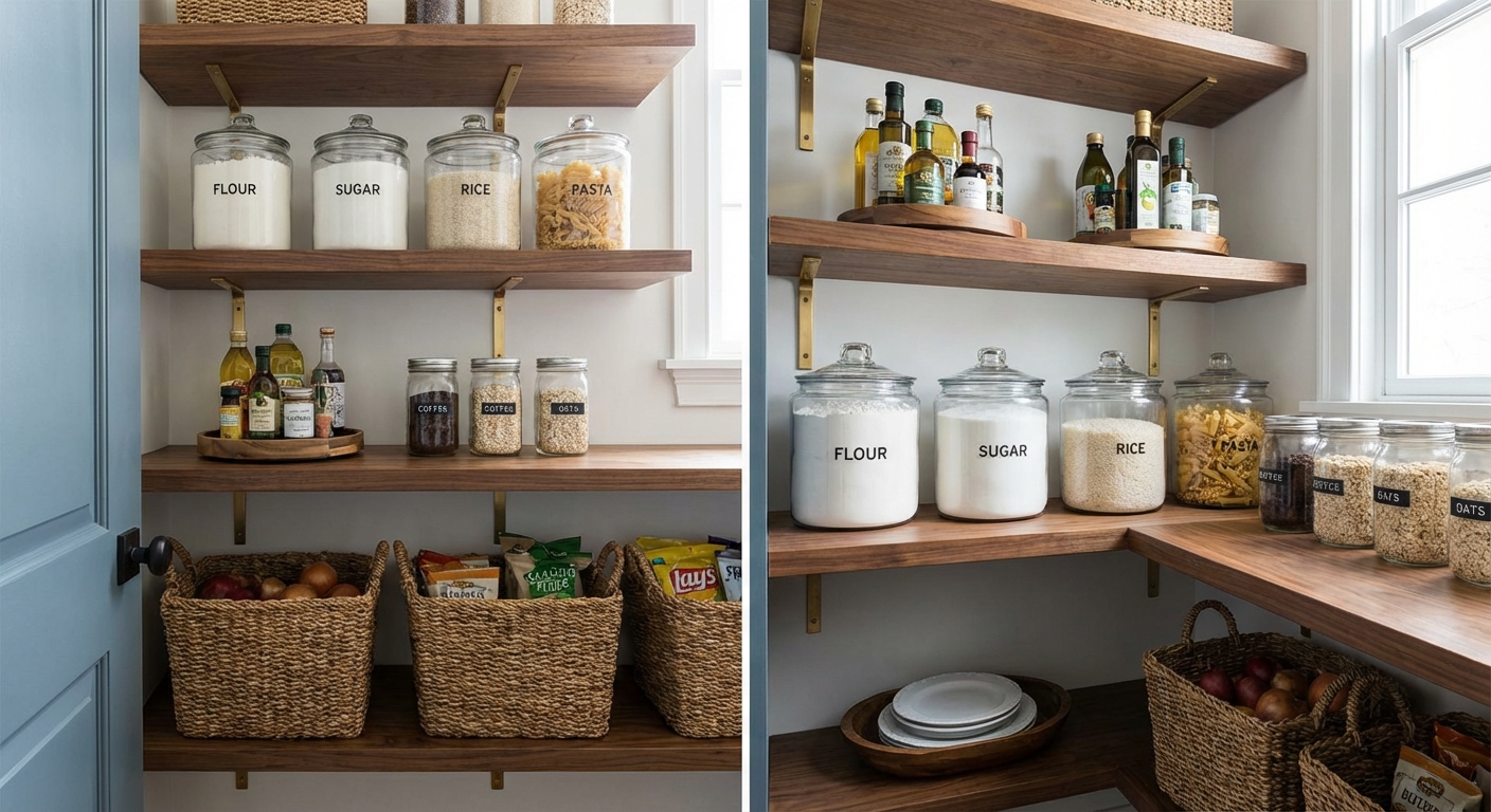 A walk-in pantry with walnut shelving, glass containers with labels, and woven baskets