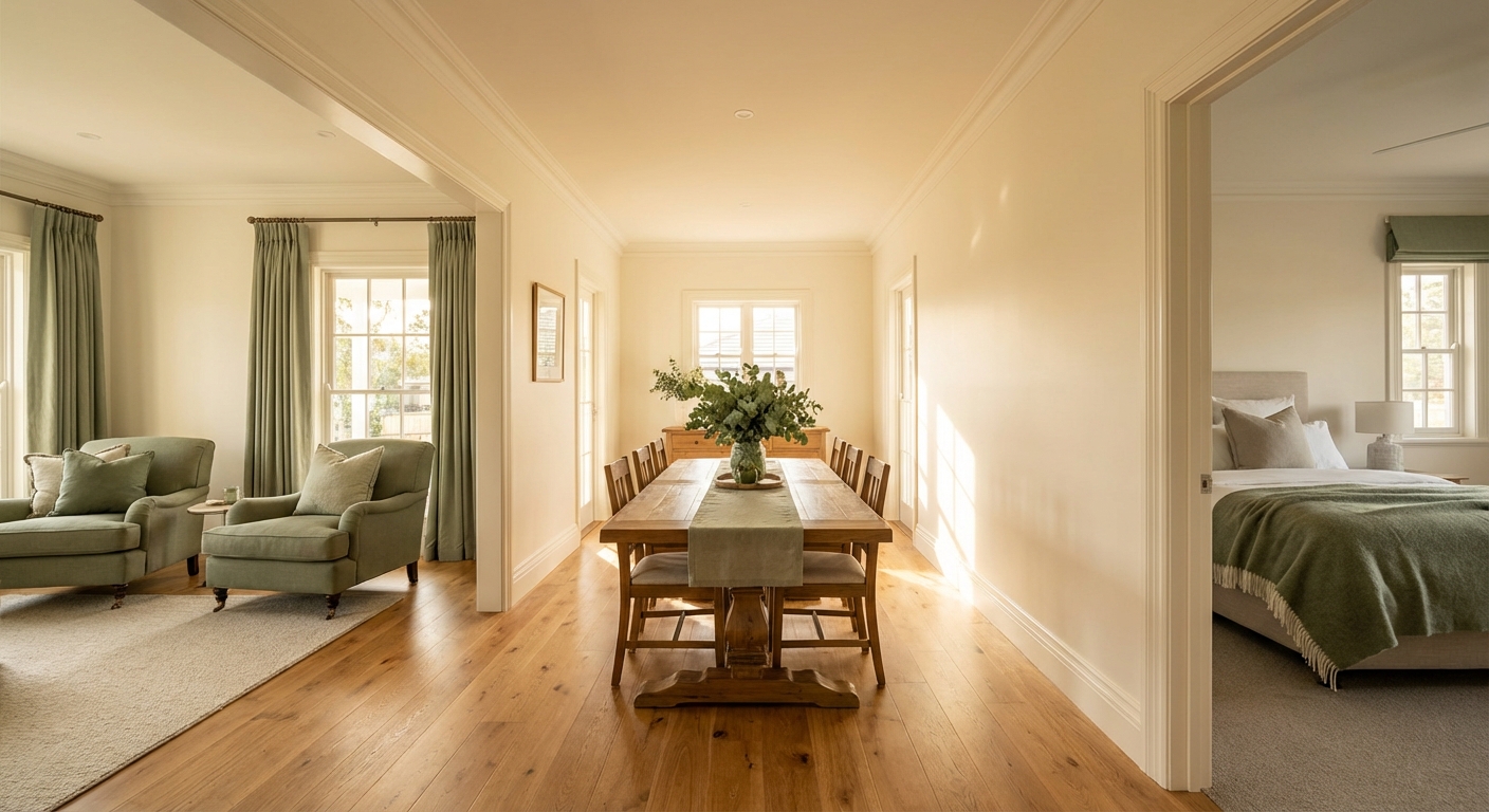 Hallway view showing how accent colors flow cohesively from living room to dining room to bedroom