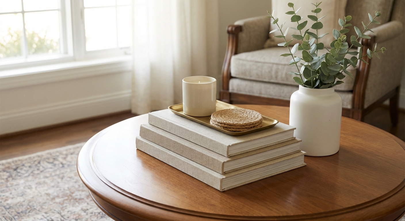 Styled coffee table with coordinating decor accessories demonstrating cohesive accessory selection