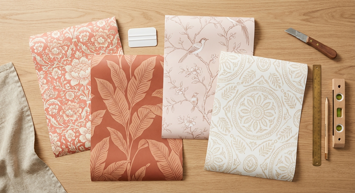 Flat lay of grandmillennial peel and stick wallpaper samples in coral and botanical patterns with smoothing tool, utility knife, and application supplies