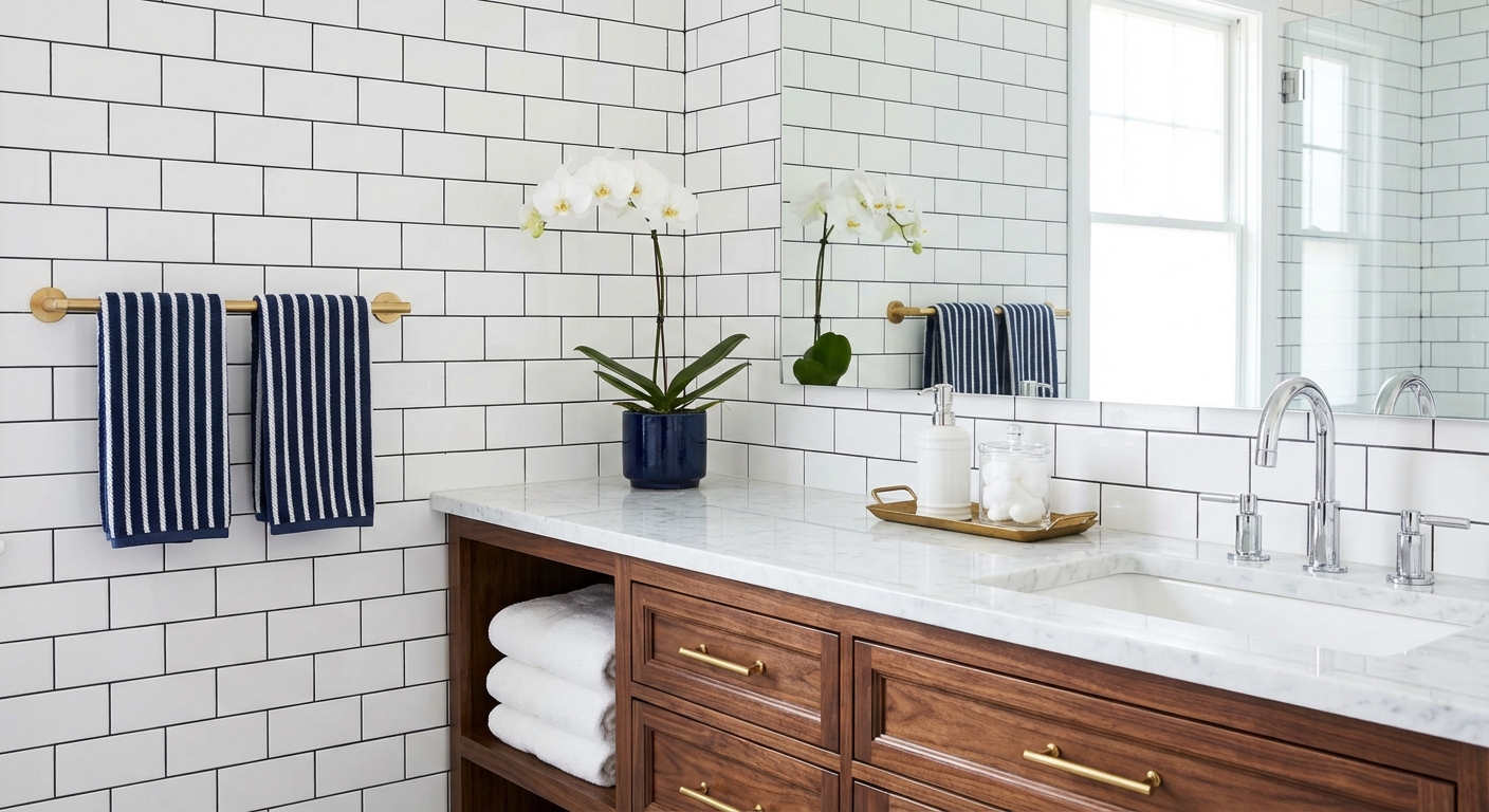 Sparkling clean traditional bathroom with organized walnut vanity, gold hardware, navy accents, fresh white towels, and bright natural light