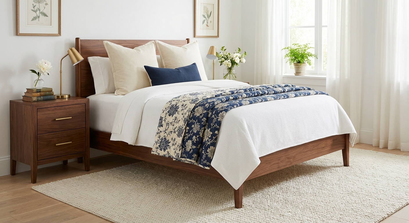 Traditional bedroom with lightweight spring bedding in navy and cream, walnut furniture with gold hardware, and fresh morning light