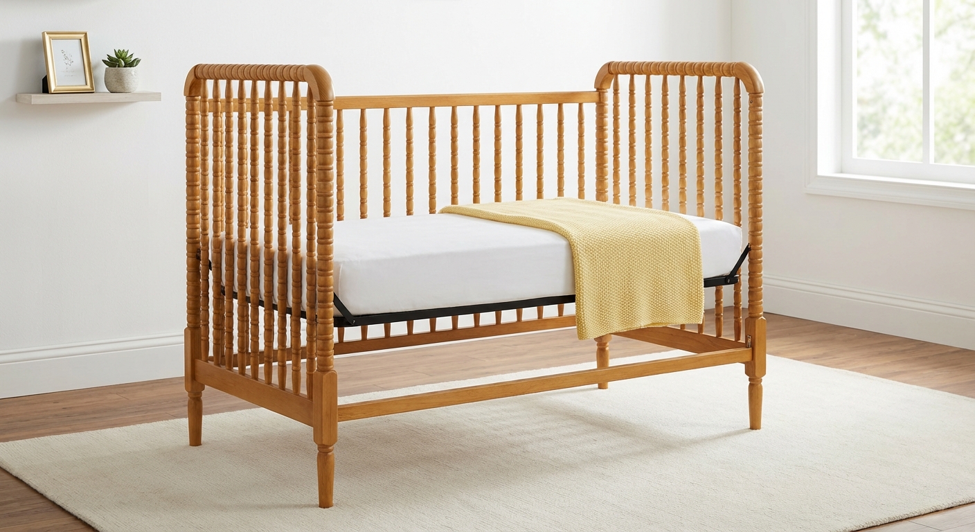 Honey oak convertible crib with white fitted sheet and butter yellow blanket in a bright nursery