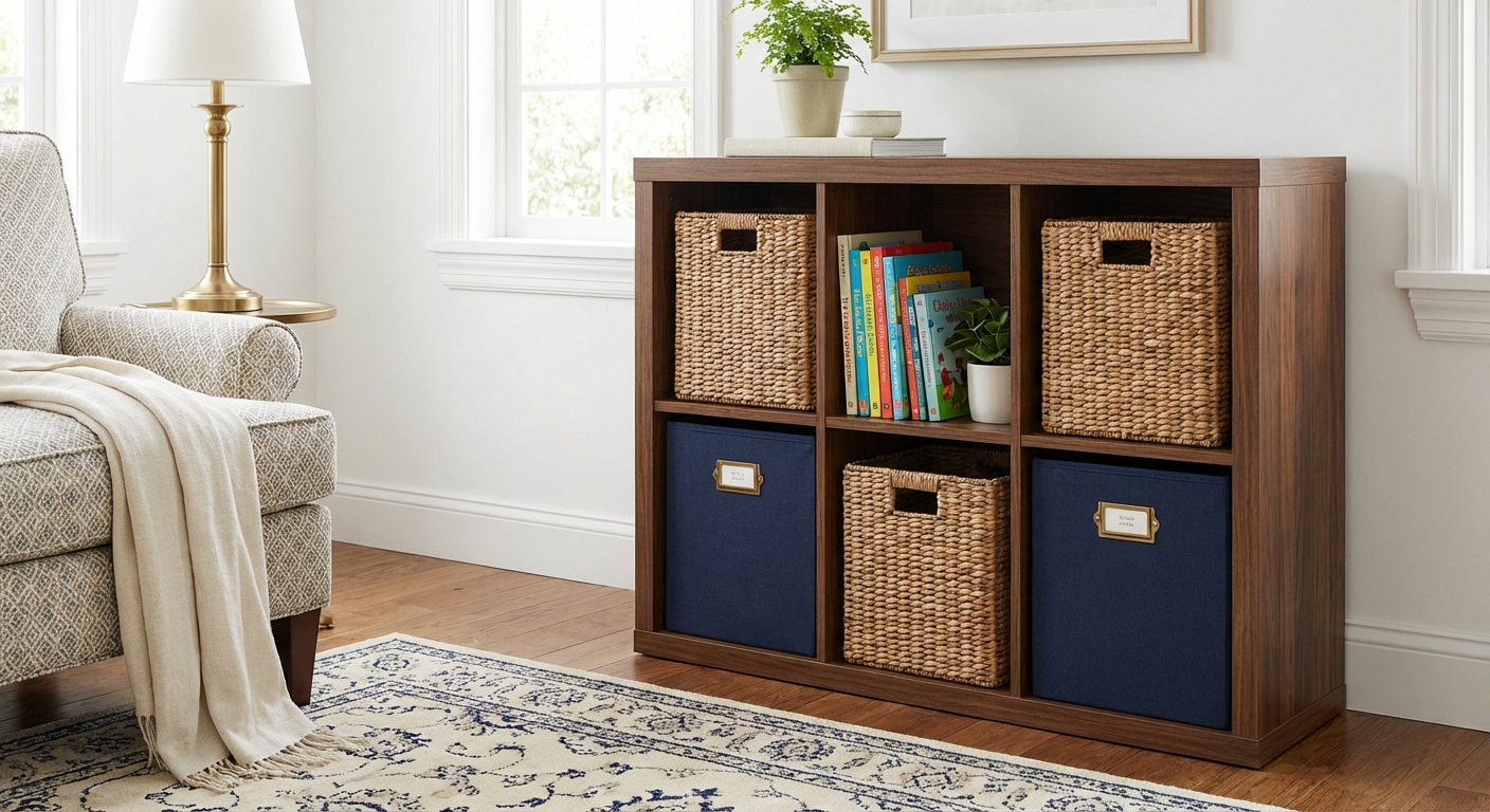 Walnut cube organizer with navy fabric bins and woven baskets in a bright living room