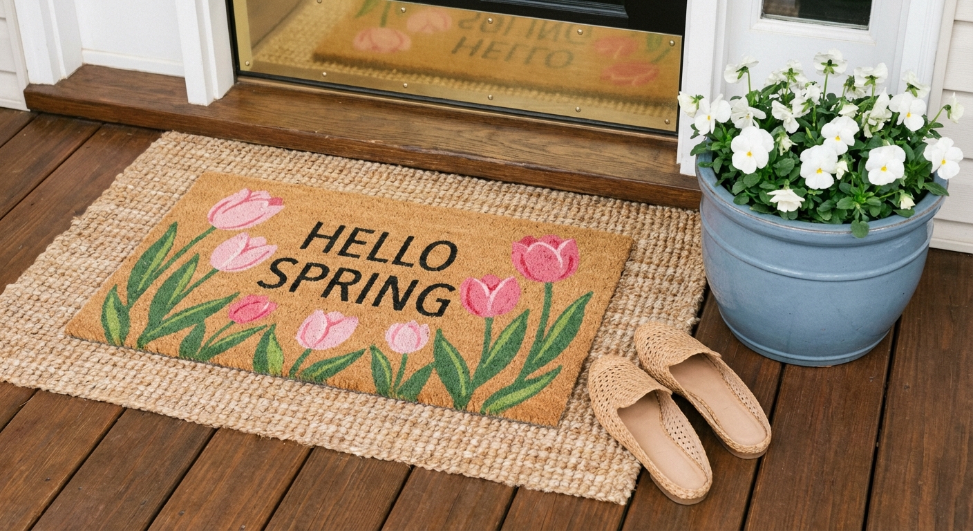Layered doormat setup with a spring floral coir mat on a natural jute base rug, with the edge of a dusty blue planter visible