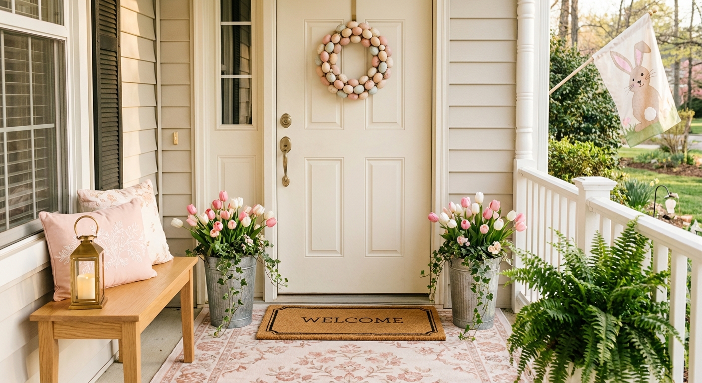 Charming front porch with Easter egg wreath, potted tulips in galvanized buckets, and blush spring accents on a sunny afternoon