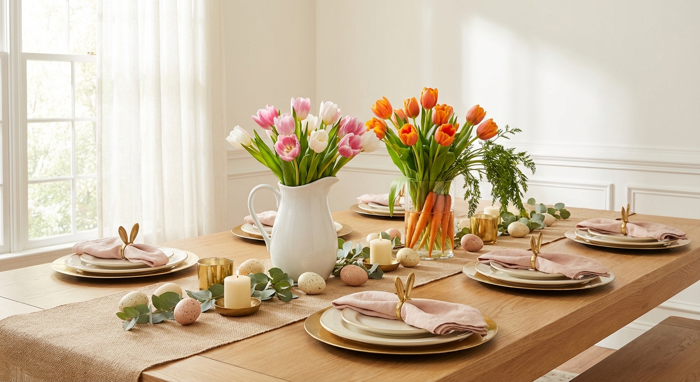 Easter brunch tablescape with burlap runner, pink tulips, carrot bouquet centerpiece, speckled eggs, and brass accents