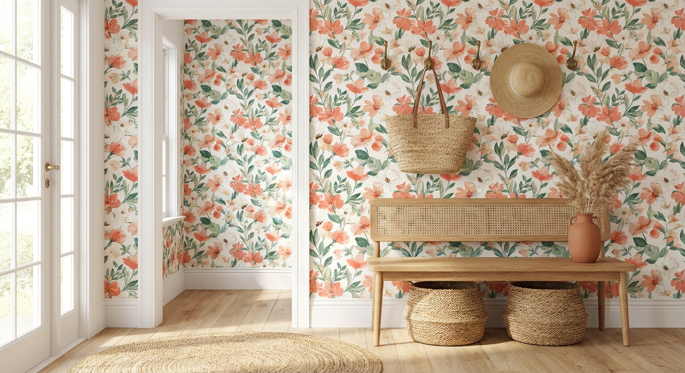 Bright entryway with coral floral peel and stick wallpaper accent wall, natural wood bench, woven baskets, brass hooks, and warm natural light