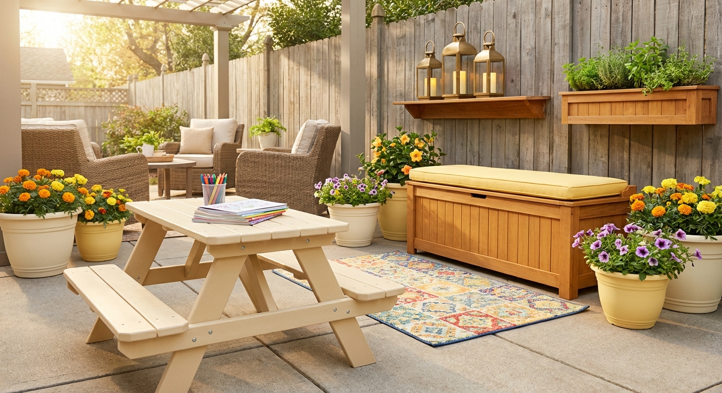 Family-friendly spring patio with kid-sized picnic table, toy storage deck box, shatter-proof planters, and kid-safe flameless lanterns