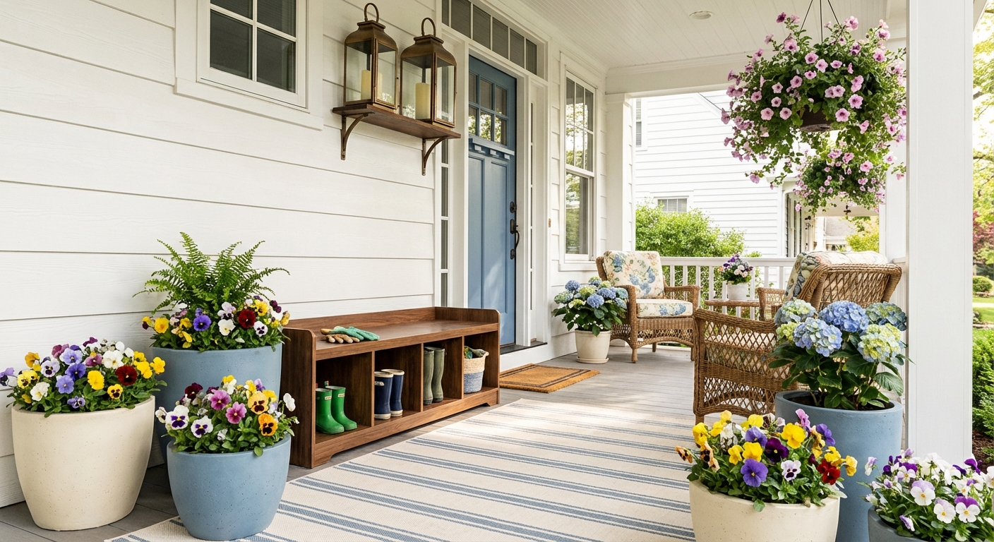 Family-friendly spring front porch with durable planters, washable outdoor rug, kid-safe flameless lanterns, and practical storage bench