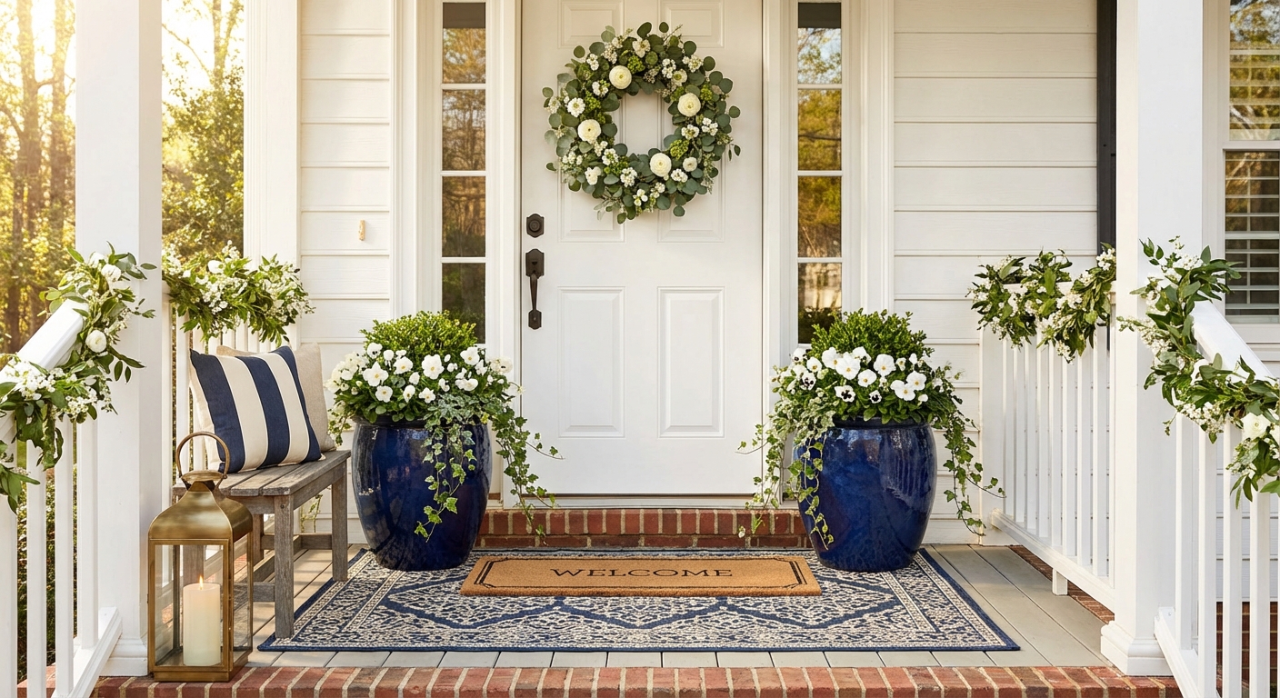 Traditional front porch with spring wreath, layered doormat, navy planters with white flowers, and welcoming spring decor