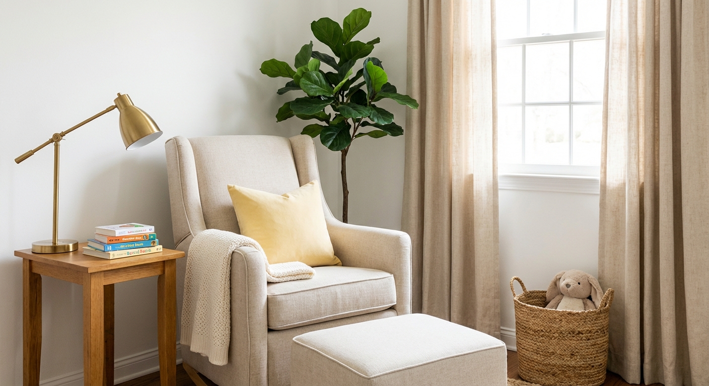 Cozy nursery glider chair with ottoman, butter yellow pillow, and honey oak side table with reading lamp