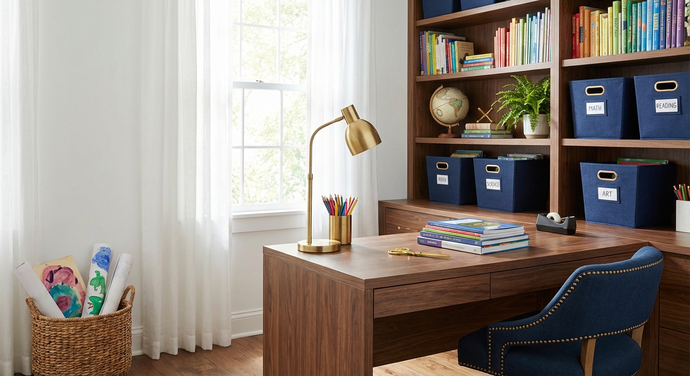 Organized homeschool workspace with walnut desk and bookshelves, navy fabric bins, gold accents, and bright natural light through clean windows