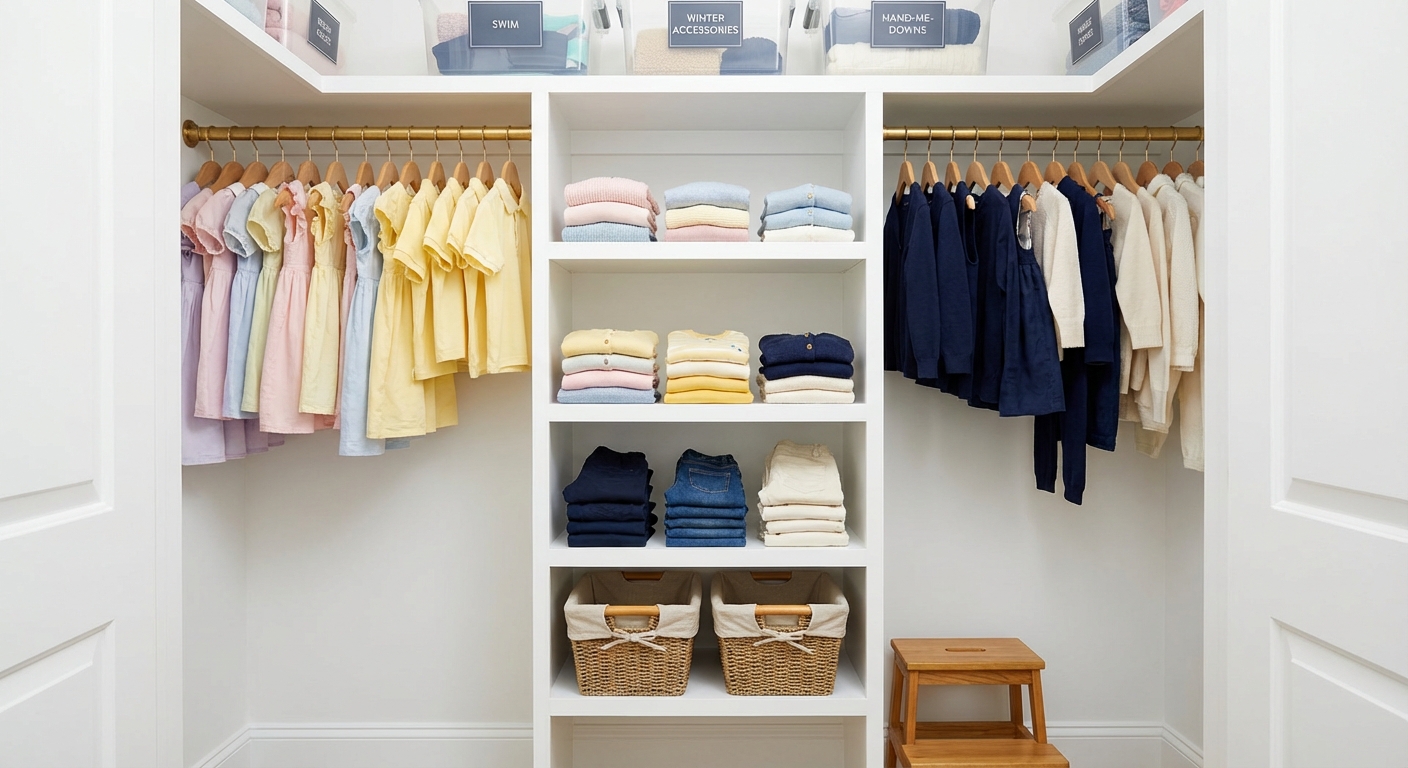 Organized shared kids closet with center tower shelving, double hanging rods at kid height, labeled storage bins, and woven baskets