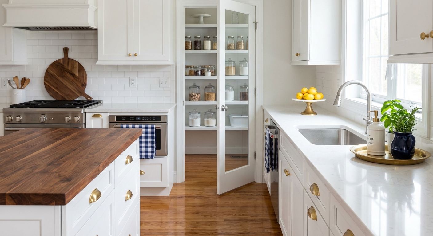 Freshly cleaned traditional kitchen with white cabinets, gold hardware, walnut countertop, organized pantry, and bright spring light