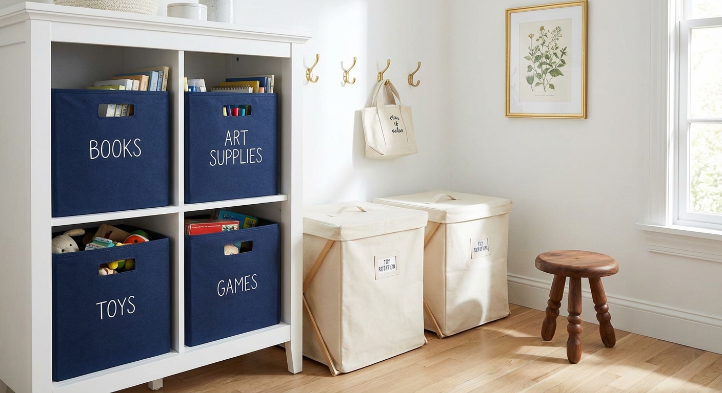 Labeled navy blue storage bins on white shelf with collapsible rotation bins nearby