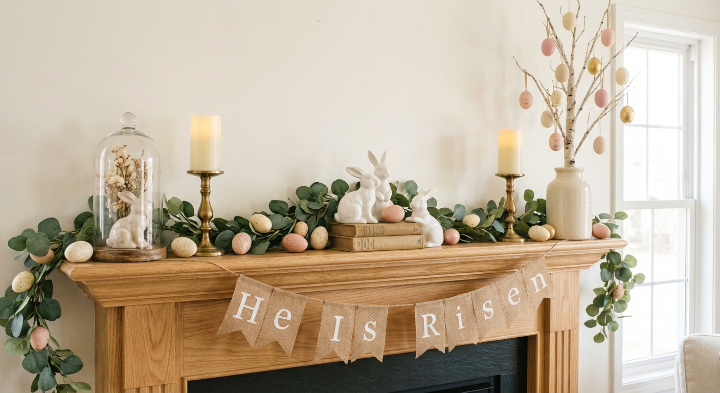 Styled Easter mantel with eucalyptus garland, white ceramic bunnies, speckled eggs, burlap banner, and birch branch Easter tree