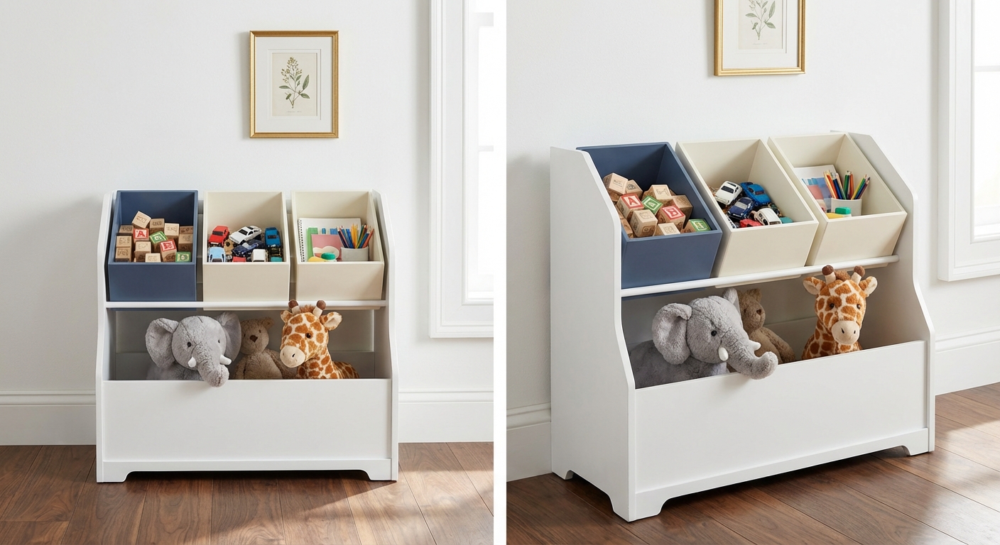 Multi-bin toy organizer with angled bins showing neatly sorted toys in navy and cream bins