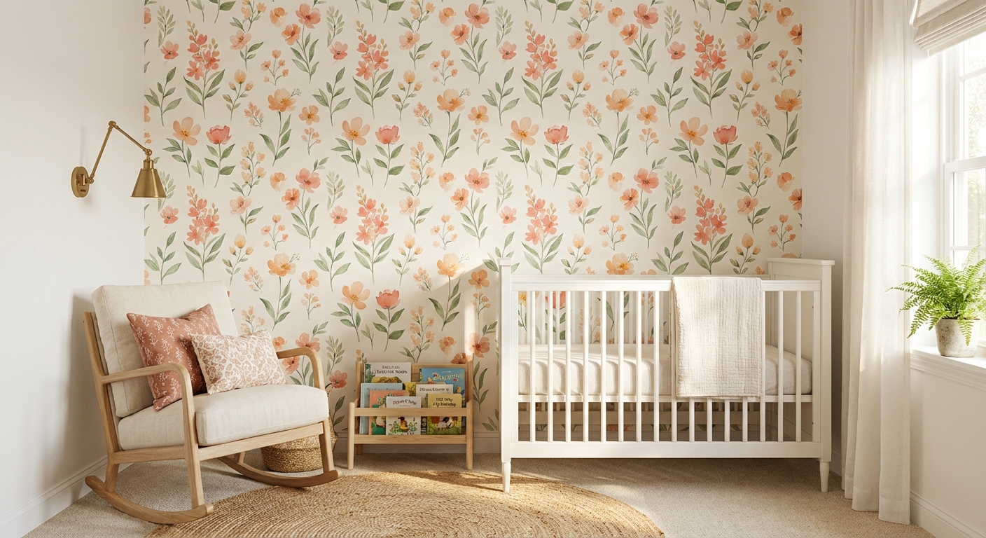 Cheerful nursery with soft coral botanical peel and stick wallpaper behind white crib, natural wood rocker, and warm morning light