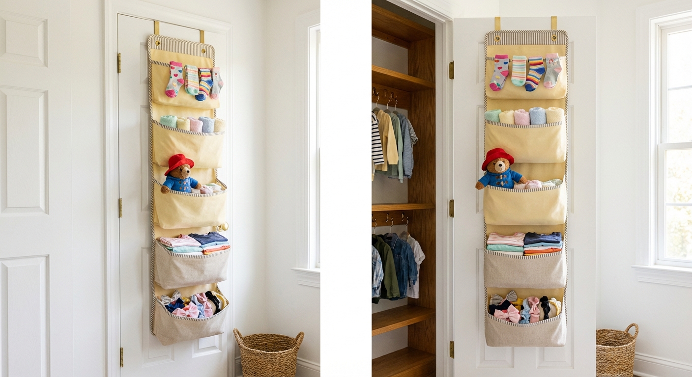 Over-the-door hanging organizer with six tiers holding neatly organized kids items including socks, washcloths, and accessories