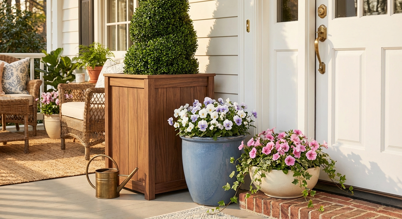 Three spring planters in varying heights near a front door featuring a boxwood topiary, dusty blue pot with pansies, and cream bowl with trailing flowers