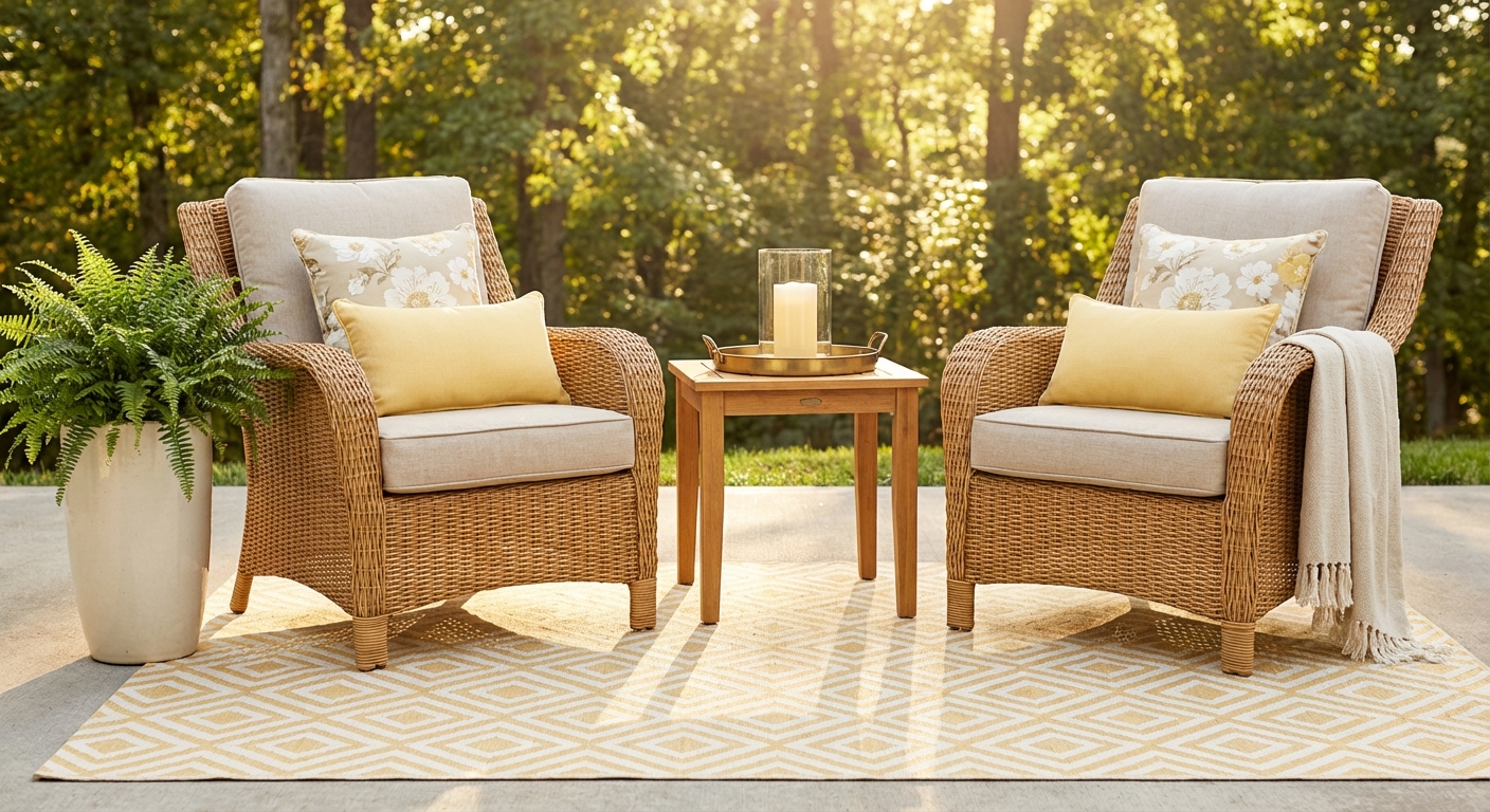 Budget-friendly patio seating area with natural wicker chairs, butter yellow and cream pillows, and honey oak side table with brass accents