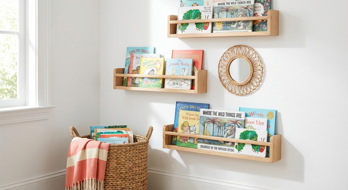Forward-facing kids book display wall with natural wood shelves, colorful picture books, and woven storage basket