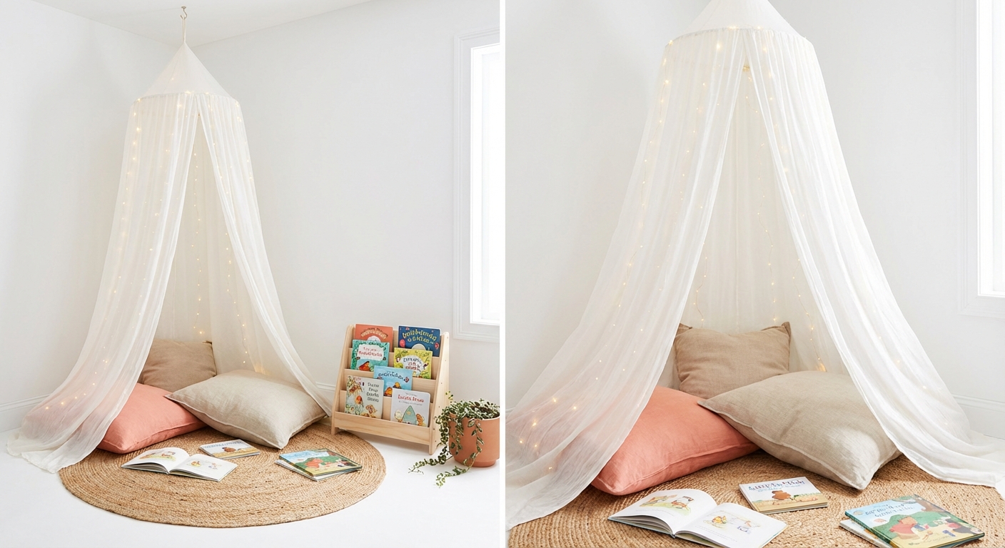 Kids canopy reading nook with white draping fabric, coral floor pillows, fairy lights, and natural wood book display