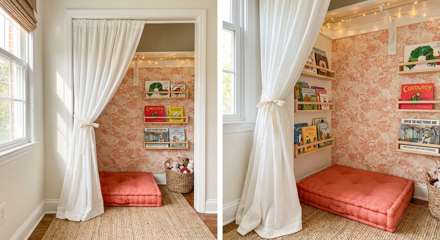 Kids closet reading nook with coral cushion, fairy lights, floral wallpaper, and forward-facing book shelves
