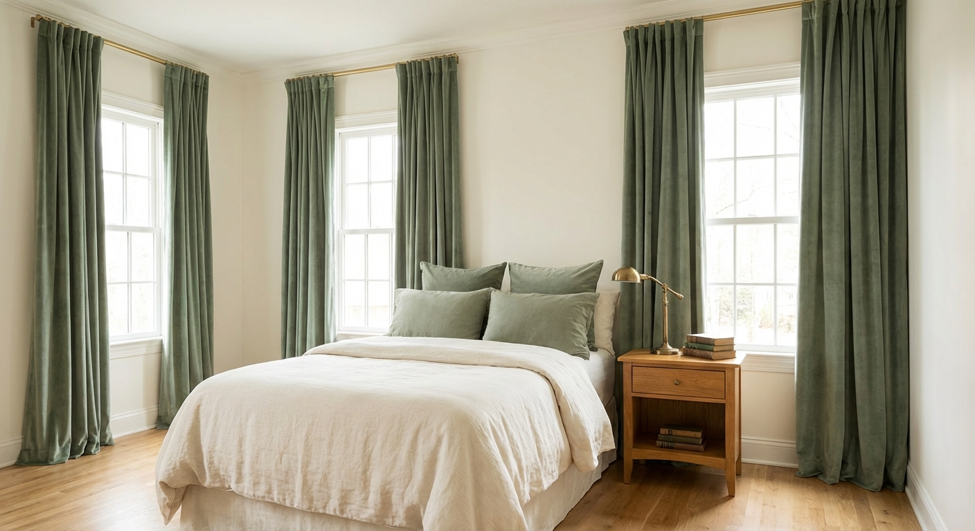 Serene bedroom with sage green velvet blackout curtains hung on brass rods with cream bedding