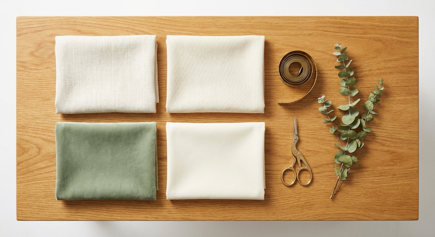 Flat lay of curtain fabric swatches including linen, faux linen, velvet, and cotton blend with brass accessories