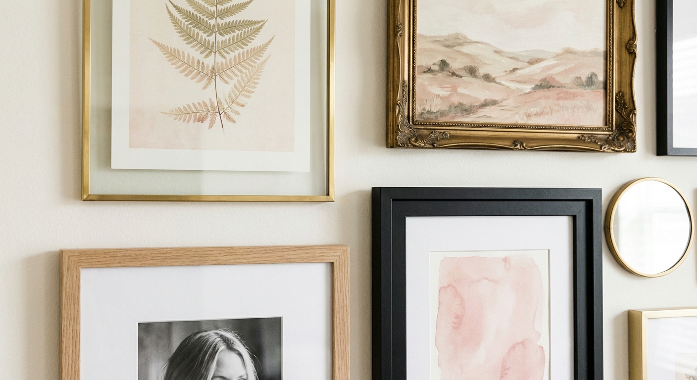 Close-up of mixed gallery wall frames showing brass, wood, and black frames with coordinating art in blush and cream tones