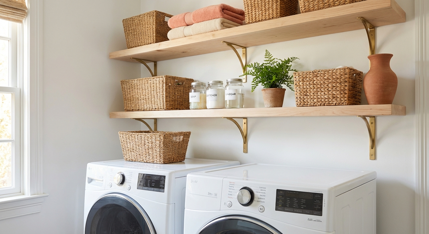 Natural wood floating shelves above washer and dryer with woven baskets, glass jars, and coral towels