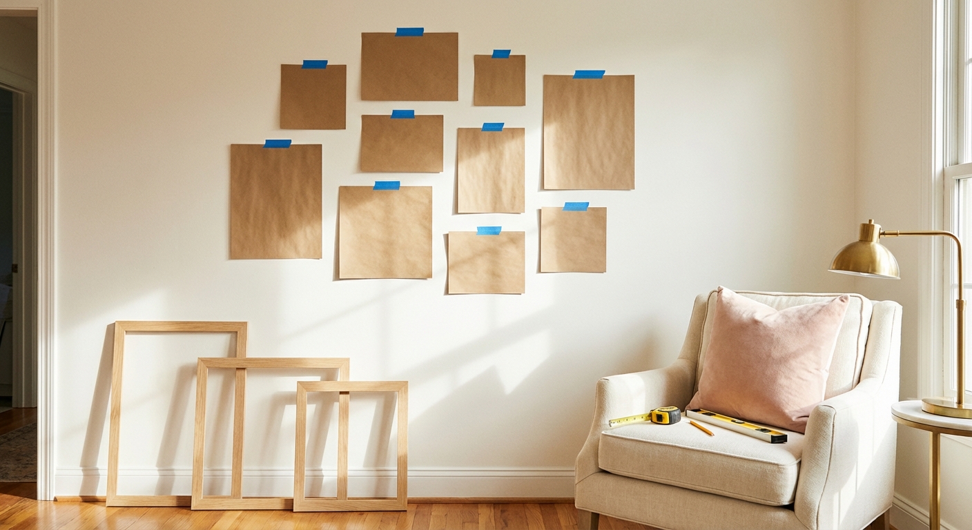 Paper templates taped to a wall showing gallery wall layout planning with frames waiting on the floor below