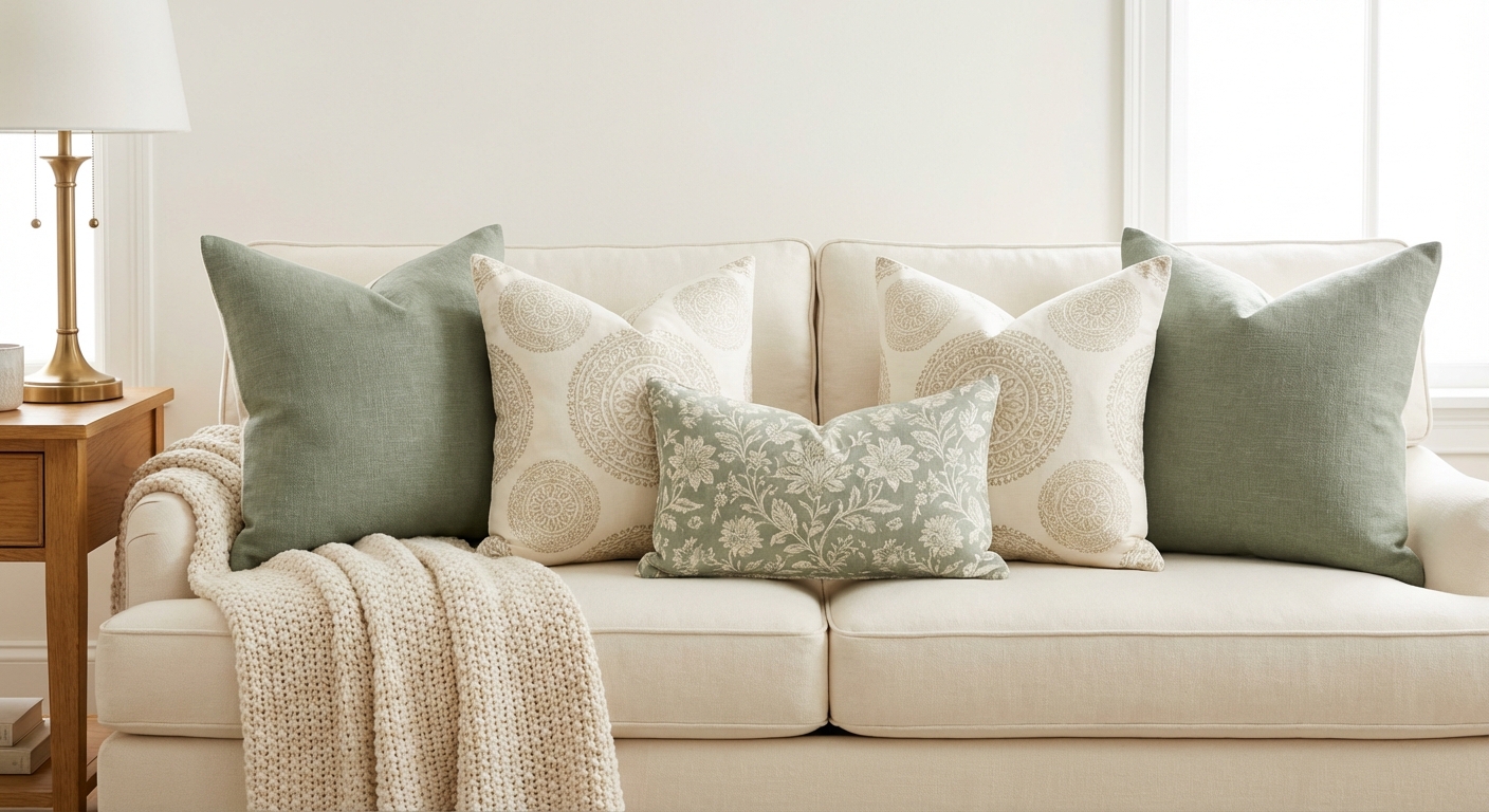 Cream sofa showing the 2-2-1 designer pillow arrangement with sage green and cream pillows featuring the karate chop styling technique