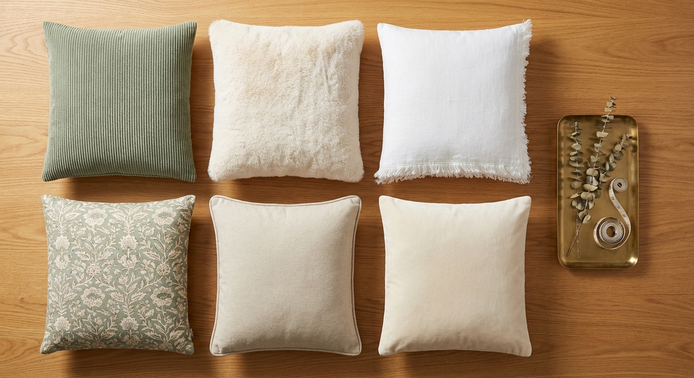Flat lay of six affordable throw pillow covers in sage green, cream, and neutral tones including corduroy, faux fur, linen, and velvet textures