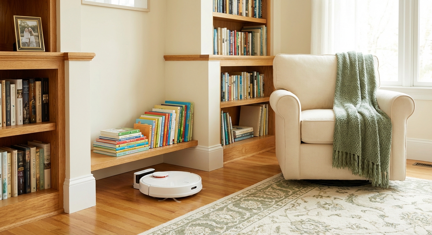 Cozy family room with cream furniture and sage green accents featuring a robot vacuum on honey oak hardwood floors
