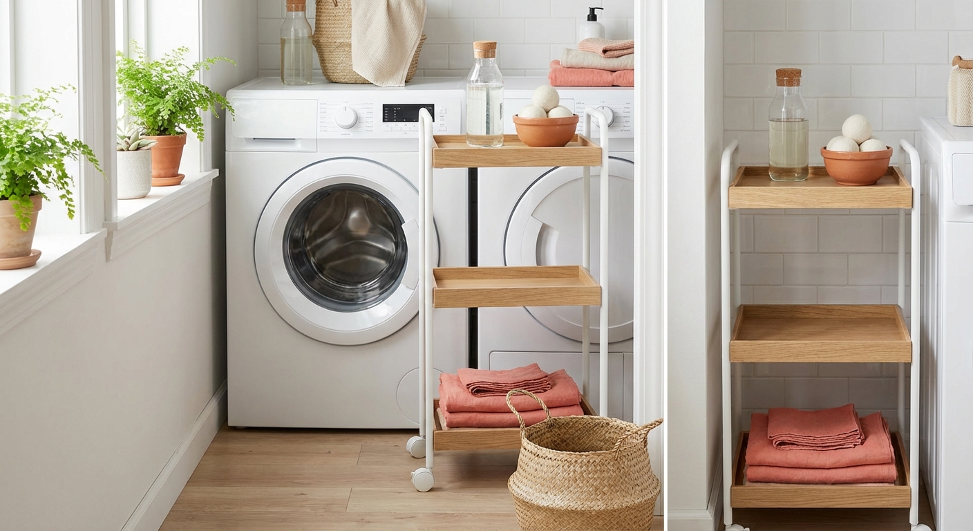 Slim rolling cart with natural wood shelves tucked between washer and dryer holding laundry supplies