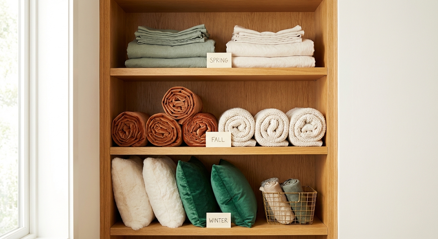 Organized shelf displaying seasonal throw pillow covers sorted by season with handwritten labels in a bright linen closet