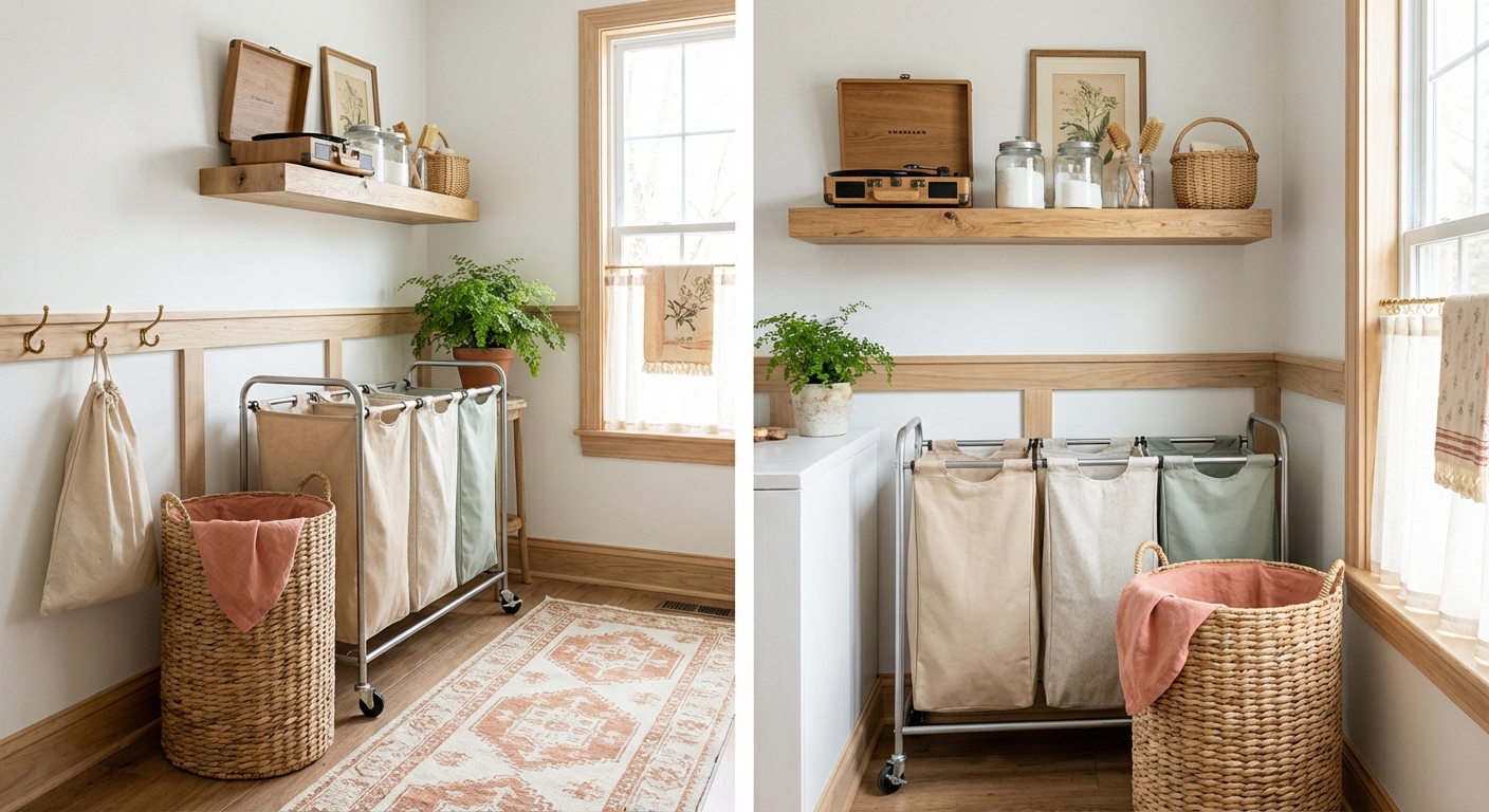 Laundry sorting station with rolling sorter cart, woven hamper, and natural wood shelf with turntable