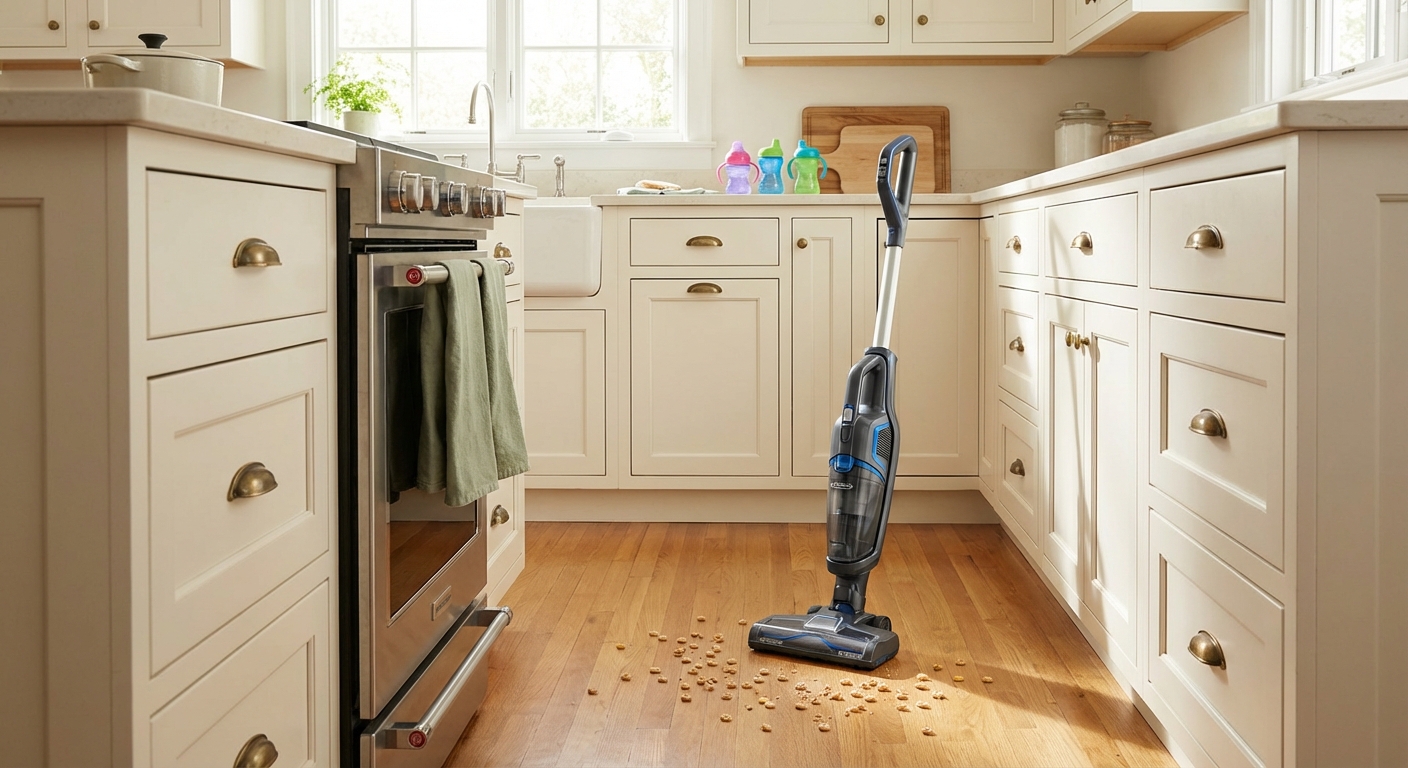 Traditional kitchen with white cabinets and honey oak floors with an upright vacuum and scattered crumbs on the floor
