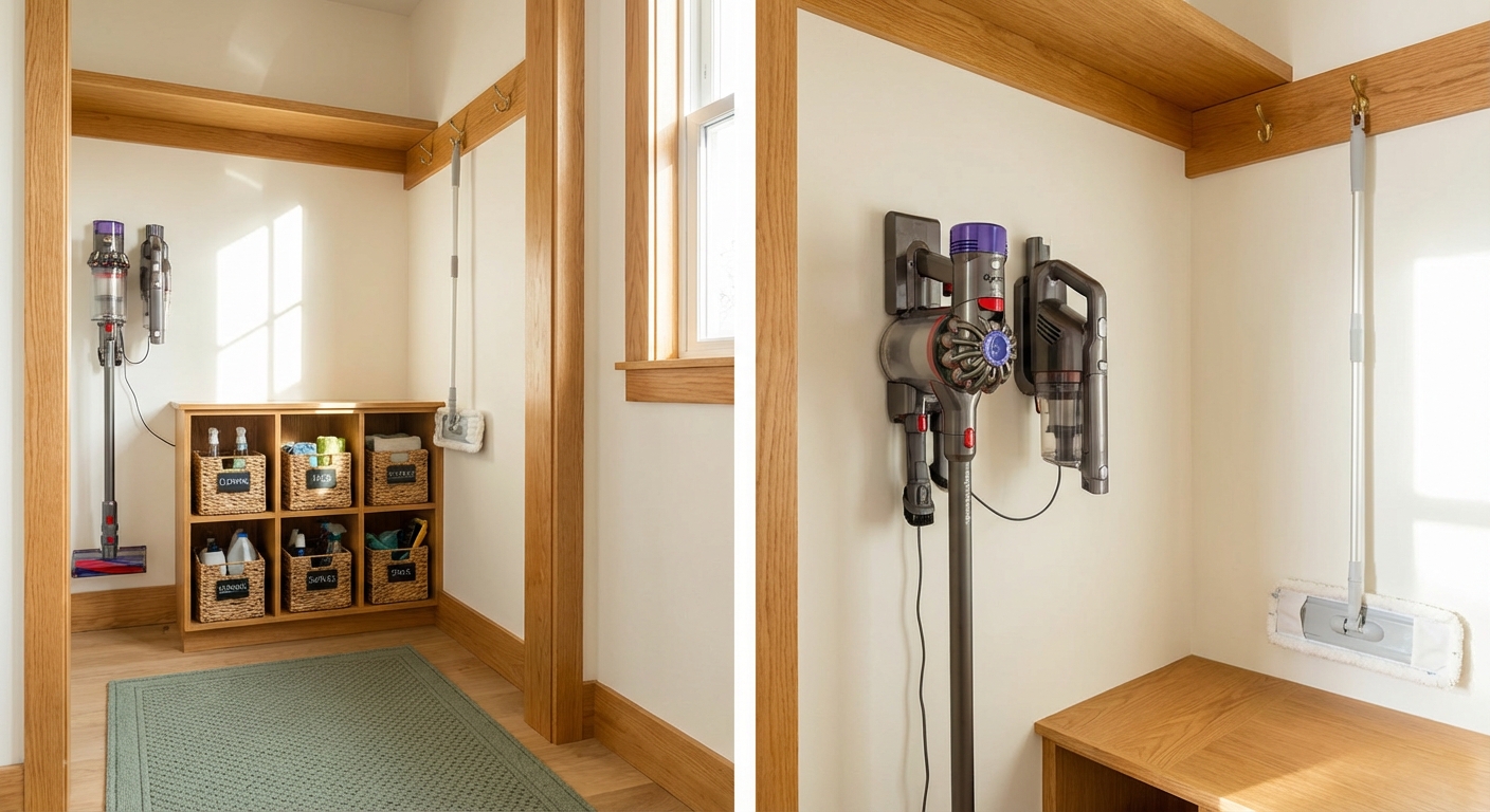 Organized mudroom with wall-mounted cordless vacuum and handheld vacuum on charging station with sage green and honey oak accents
